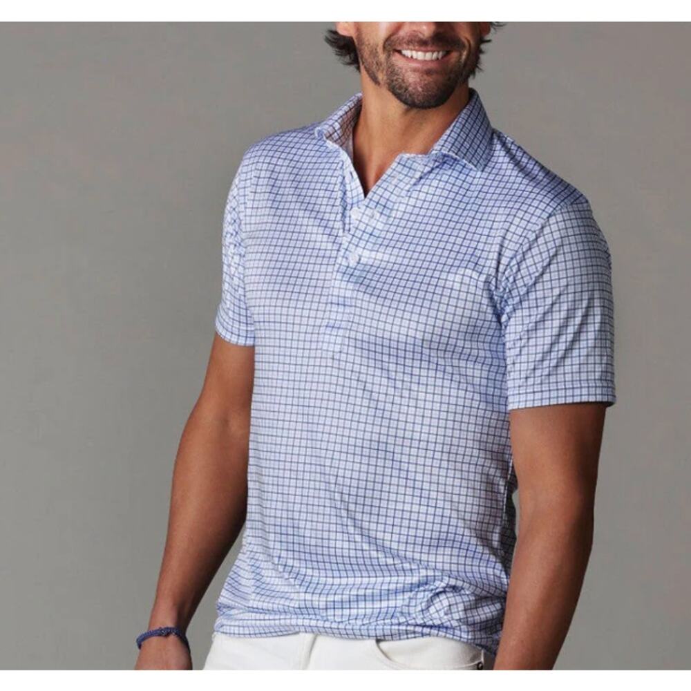 NWT Collars & Co. Men’s Semi-Spread Collar Performance Polo Thin Blue Check SZ M